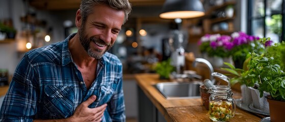 Man laughing in a kitchen