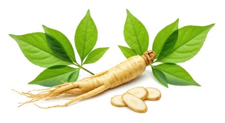 Ginseng root and slices isolated on white background for herbal medicine, supplements, and healthy lifestyle use cases.