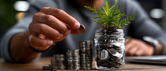 Man saving coins, plant growth, office