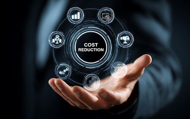 High quality photo of businessman holding a digital icon with the word "COST REDUCTION"and icons for a client flow process in a circular frame on a dark background. Business concept.