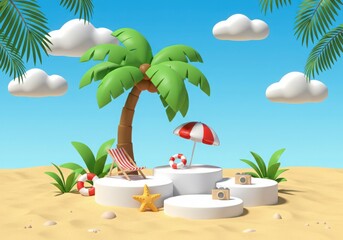 Obraz premium Stylized cartoon beach scene with a palm tree beach chair umbrella starfish cameras and life preserver on white podiums against a blue sky with clouds
