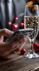 Man using phone, festive background, celebration