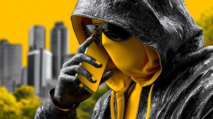 Masked Figure Phones Cityscape