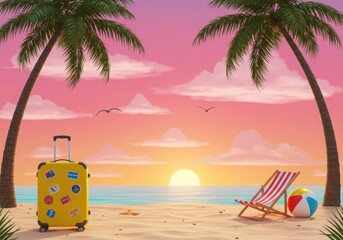 Tropical beach scene at sunset with palm trees a yellow suitcase beach chair and colorful beach ball
