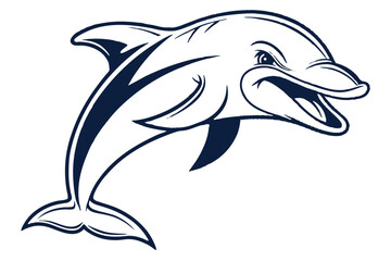 Line art shows an energetic dolphin leaping with visible teeth on a white surface