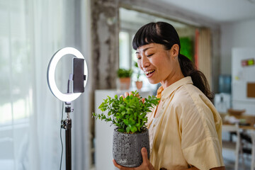 Working online female japanese influence on social media concept