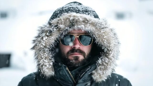 A man in a warm parka with a fur hood and sunglasses covered in snow looks straight into the camera on a winter day.