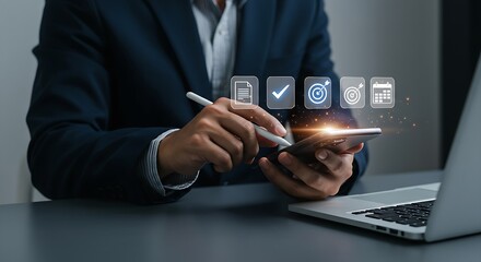 Time Management and Business Productivity Concept,businessperson tapping a smartphone with a stylus,Clock, Calendar, Goal Setting, Checklist, and Task Planning for Efficient Work, Meeting.