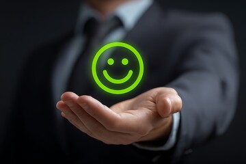 High quality photo of businessman holding a green smiley face icon in his hand, representing a positive customer experience, remote work team, and business development concept on a.