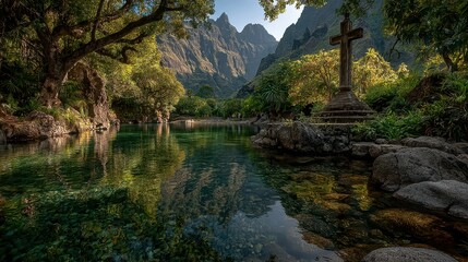 Tranquil lake surrounded by mountains and lush trees at dawn in a serene natural setting
