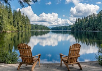 Two wooden Adirondack chairs on lake shore, reflecting sky