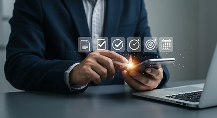 Time Management and Business Productivity Concept,businessperson tapping a smartphone with a stylus,Clock, Calendar, Goal Setting, Checklist, and Task Planning for Efficient Work, Meeting.