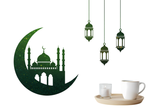 Crescent Moon Mosque Silhouette and Ramadan Lanterns isolated on transparent background