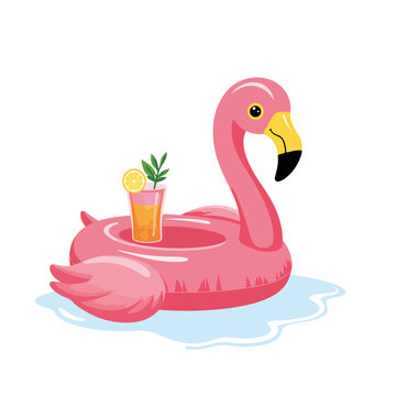 Pink flamingo pool float with tropical cocktail. Fun summer floatie with refreshing drink in pool.  Summertime fun concept for pool party invitations or beach bar promotions.