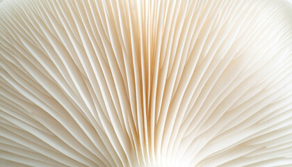 the photo presents a close up view of the underside of a fungus. the cap like form of the fungus is characterized by a series of delicate, white structures that radiate outward from a central point
