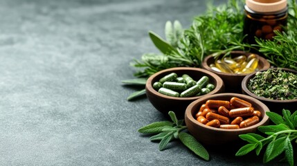 An elegant composition of herbal supplements arranged with fresh herbs emphasizes the connection between natural wellness, holistic health, and dietary supplementation.