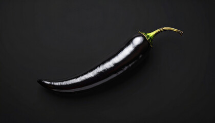 a single, dark pepper lies diagonally across a dark backdrop. the shiny pepper features a smooth surface, with a slight curve along its length