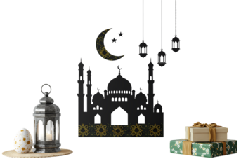 Eid Mubarak Celebration Mosque Lanterns and Gifts isolated on transparent background