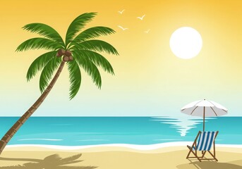 Obraz premium Serene tropical beach scene with a leaning palm tree striped deck chair and umbrella under a warm yellow sky with a bright sun and flying seagulls