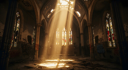 Obraz premium Sunlight streaming through stained glass windows into a ruined abandoned church