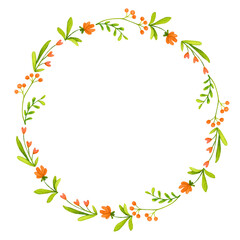 Wreath of orange flowers. Nordic folklore, Scandinavian style. Elements of folk art design. Watercolor background, backdrop for poster, logo, postcard, invitation, label, etc.