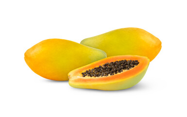 Colorful sweet papayas and a half of ripe papaya fruit with seeds isolated.