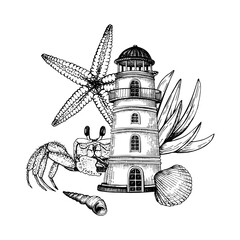 Black and white vector illustration. Seaside composition with a lighthouse, a crab, a starfish, shells, coastal plants. Hand drawn graphic sketch isolated on white. Perfect for maritime design.