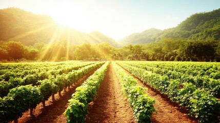 Breathtaking Sunset Over a Serene Vineyard Landscape with Lush