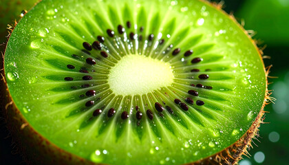 the image shows a close up of a cut tropical fruit. the fruit is vibrant green with a lighter, nearly white, center. rows of small, dark seeds are embedded in the inner green portion