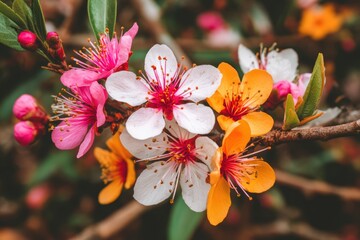 Colorful Blossoms of Cherry and Apricot Flowers on a Branch in Nature