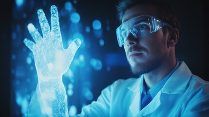 Scientist examines holographic hand projection in a futuristic laboratory setting