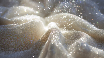 Silk fabric covered with reflective sequins under soft lighting, casting gentle shadows and creating highlights. The sequins add dimension and a shimmering effect to the folds.