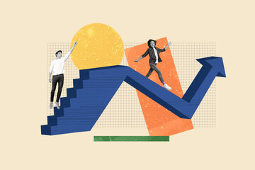 Full 3d poster art collage of two happy businessman small boy run career ladder progress arrow...