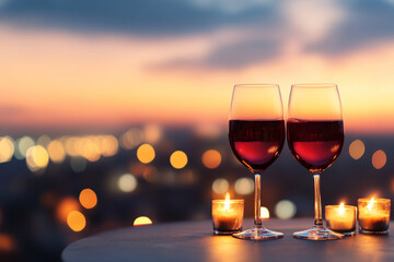 Romantic dinner table set for two with candlelight at sunset
