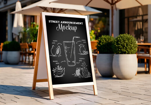 Sidewalk Sign Mockup in Front of Outdoor Restaurant Patio