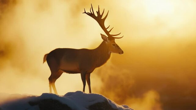 A deer stands at the top of a snow-covered hill, with a serene landscape in the background