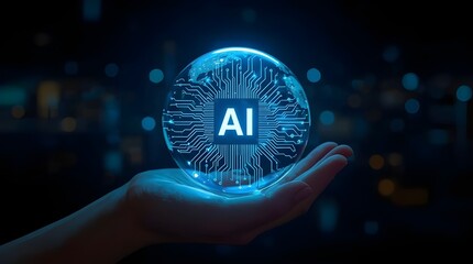 Futuristic ai globe in hand with digital circuit core and glowing blue light