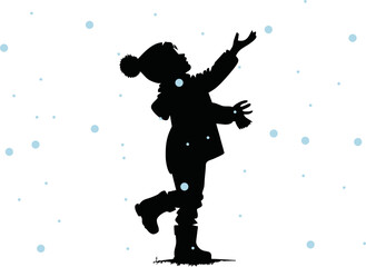 Silhouette of child catching snowflakes vector style on white background