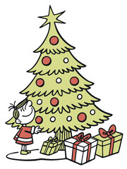 Girl Decorating a Christmas Tree with Presents and Ornaments