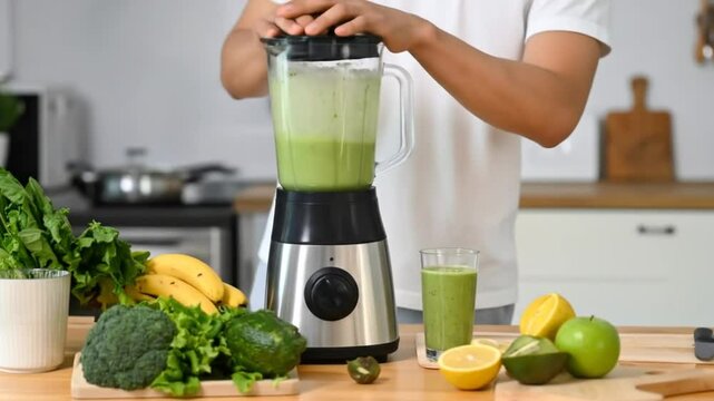 Person preparing a green smoothie in a kitchen
