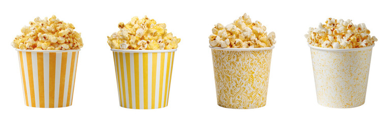 Assortment of Popcorn Buckets in Various Designs, a Tasty Treat, PNG set, transparent background