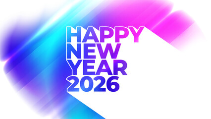 Happy New Year 2026 festive graphic design. Long white shadow. Bright blurred color gradients. Vector illustration.