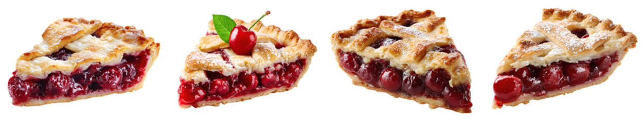 Perfectly Baked Cherry Pie Slice with Lattice Crust and Powdered Sugar Detail, Ready to Eat and Enjoy as PNG set with transparent background