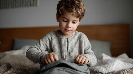 Boy packing backpack while sitting on bed.