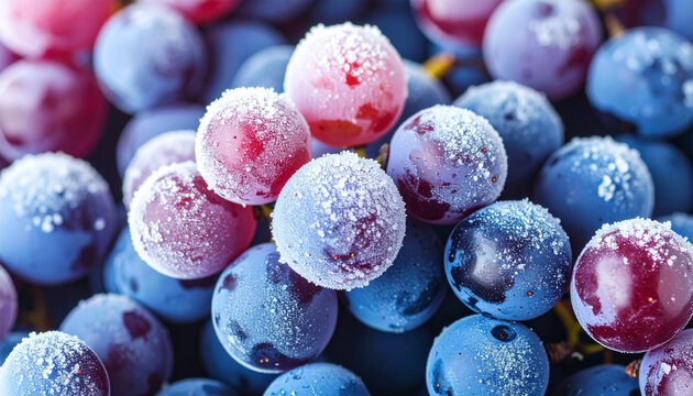 the image features a close up of a cluster of round fruit. the fruits display a range of colors, primarily shades of blue and red
