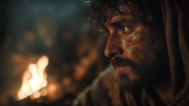 Photorealistic portrayal of Peter's denial of Jesus, capturing a moment of anguish and regret amidst flickering flames. Inspired by the Bible, New Testament, Gospels, Matthew 26:69-75.