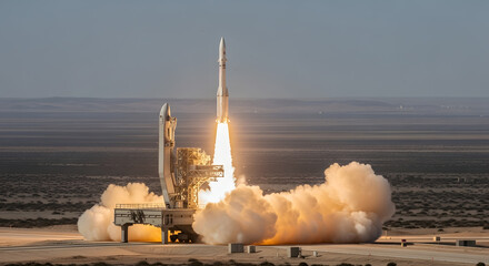 A powerful rocket launching from a desert launchpad with bright exhaust and smoke