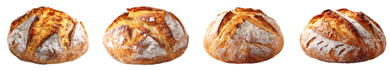 Artisan Sourdough Loaf, Rustic Round Bread, Wheat Grain Crust Baked Goods on Transparent Background PNG set