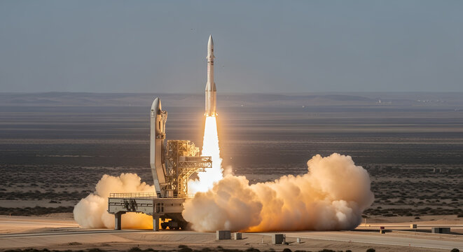 A powerful rocket launching from a desert launchpad with bright exhaust and smoke