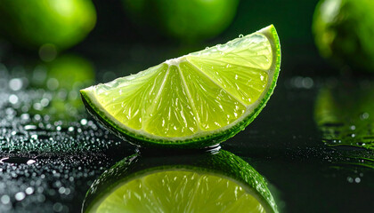the picture shows a wedge shaped segment of a vibrant green fruit in the foreground, glistening with moisture